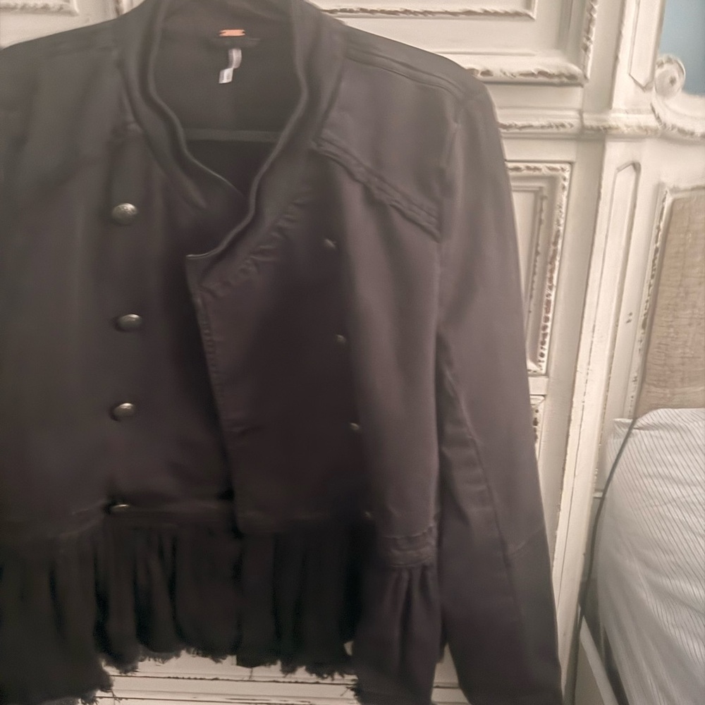 Free People ruffled peplum denim jacket size Large medium black - Picture 5 of 12